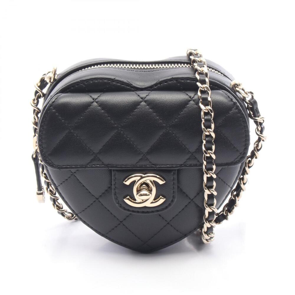 Chanel Matelasse Heart Shoulder Bag Lambskin Sheepskin Black